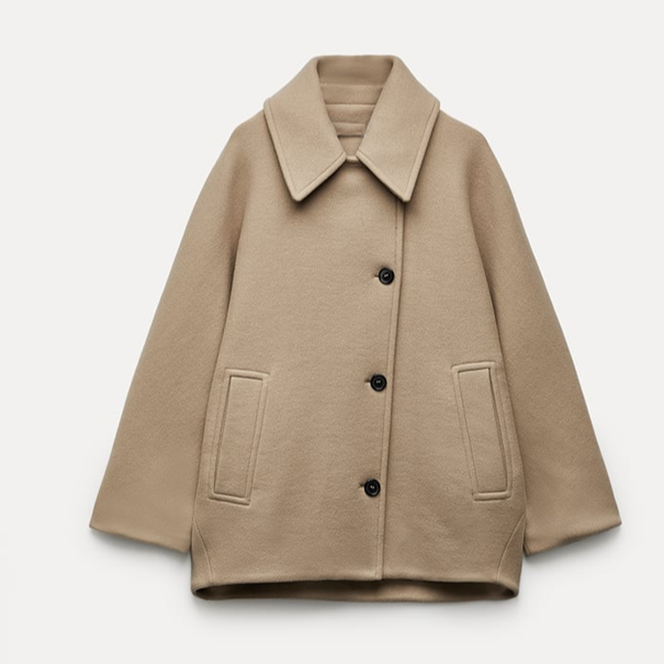 Olive - Oversized Beige Wollen Cropped Trenchcoat