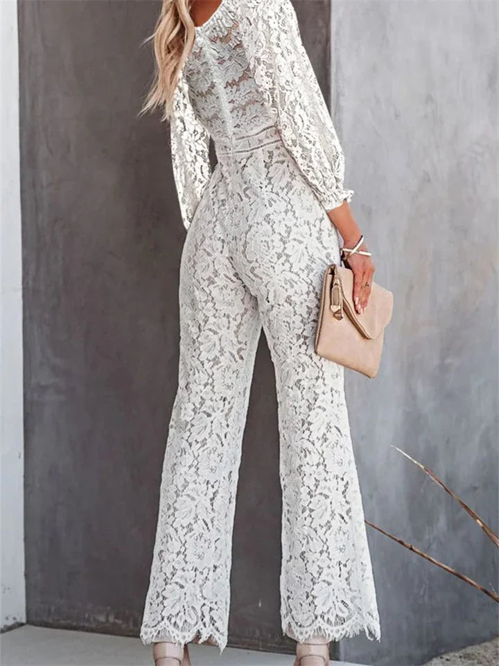 Silke – Getailleerde Kanten Bloemenprint Jumpsuit Met V-hals En Wijde Pijpen