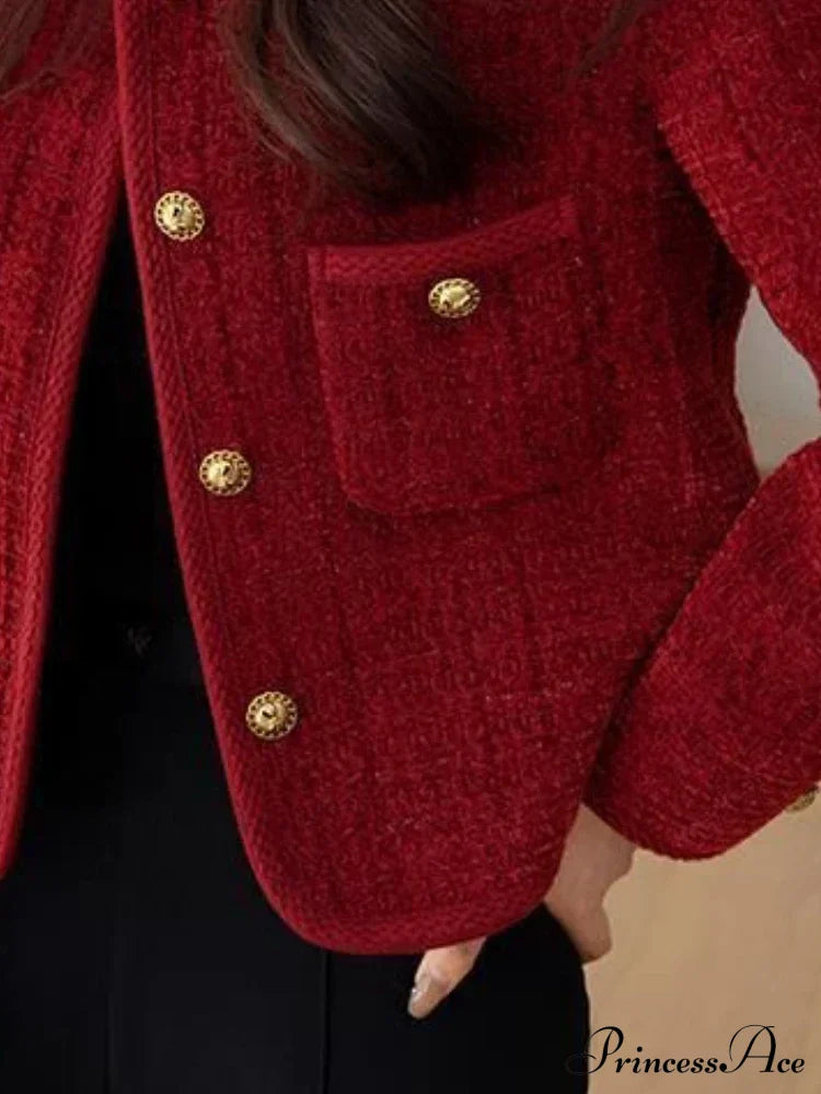 Elise – tweed cardigan vest met metalen gespen
