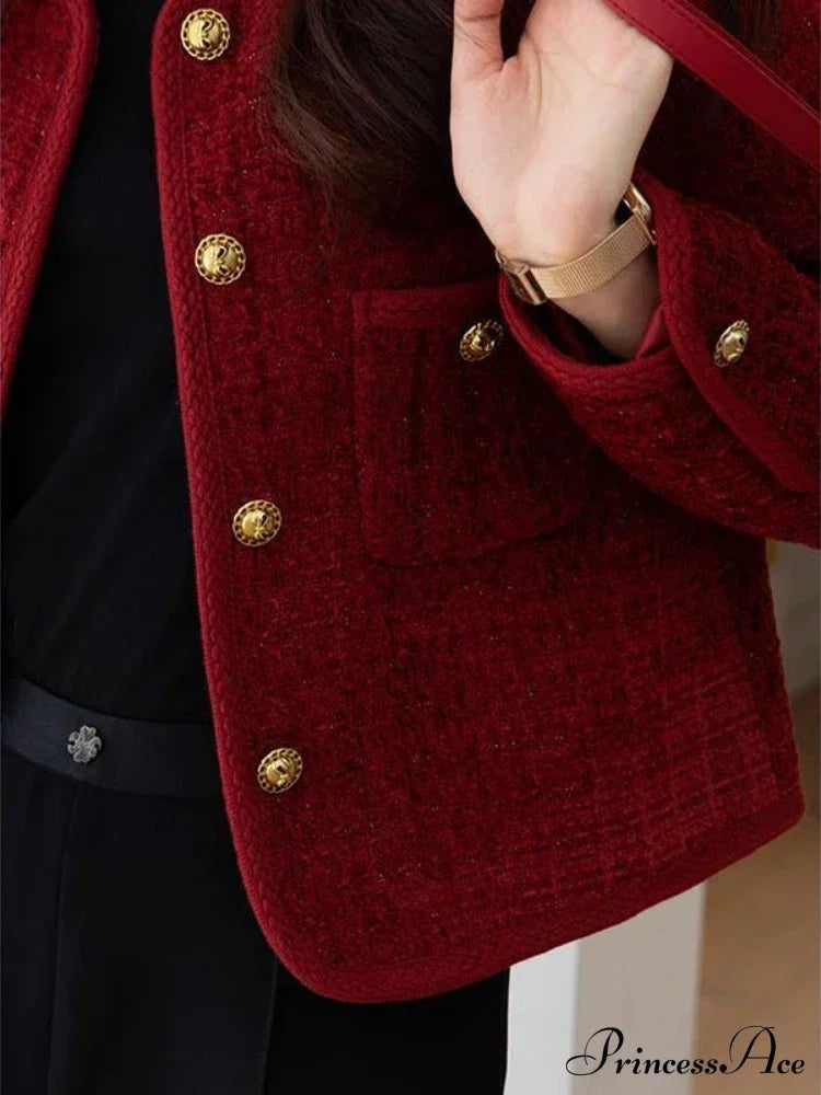 Elise – tweed cardigan vest met metalen gespen