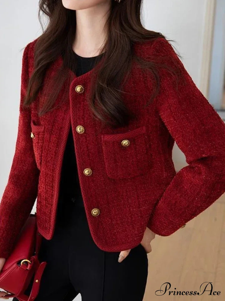 Elise – tweed cardigan vest met metalen gespen