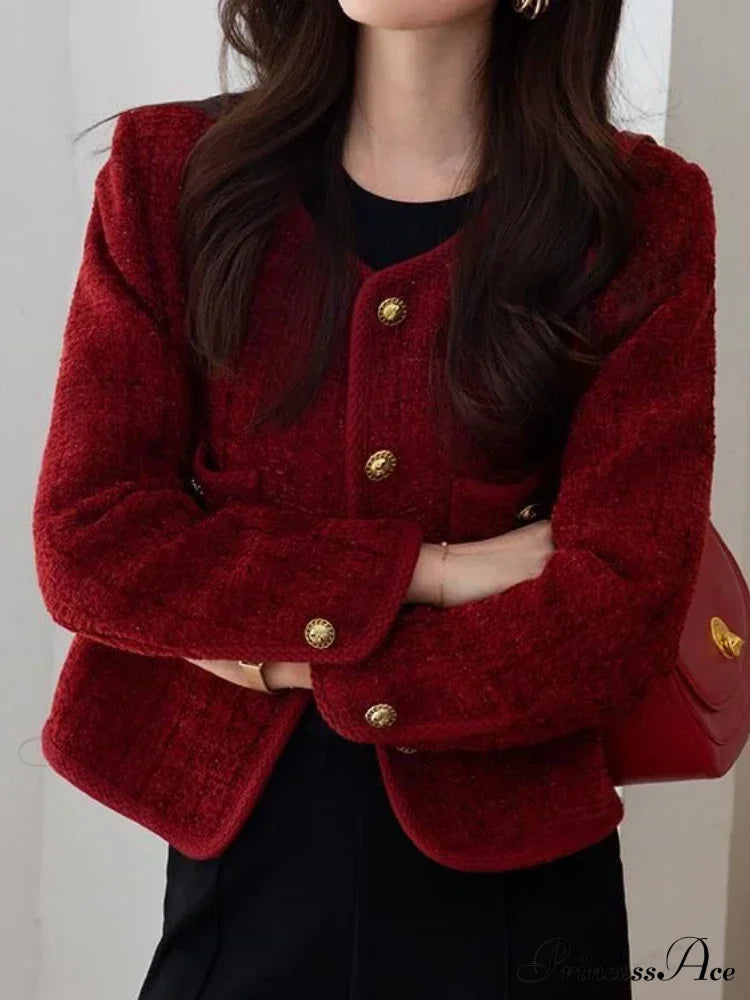 Elise – tweed cardigan vest met metalen gespen