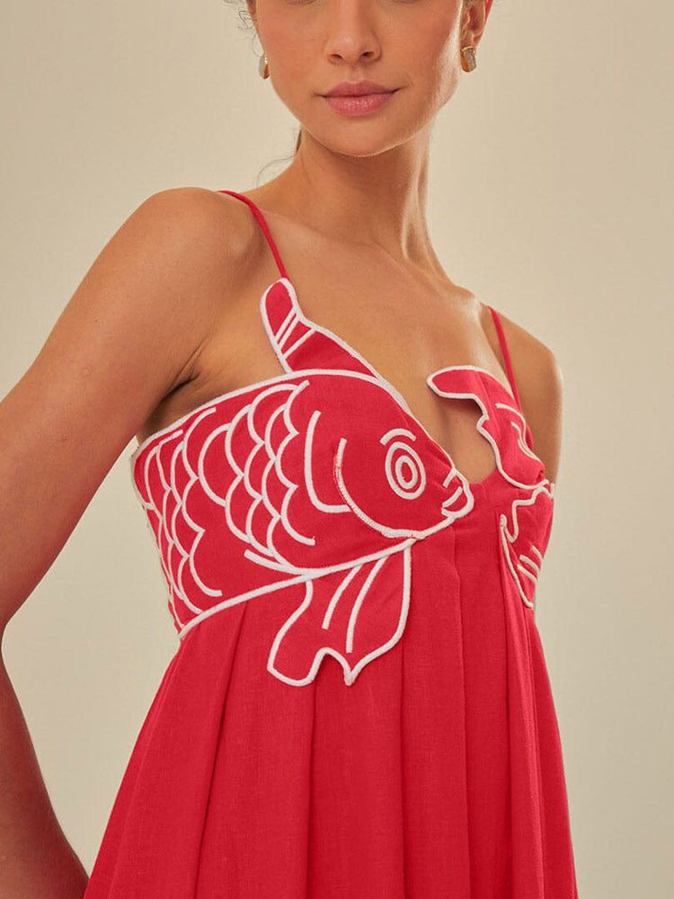 Clara – Rode linnenmix zomerjurk met asymmetrische snit
