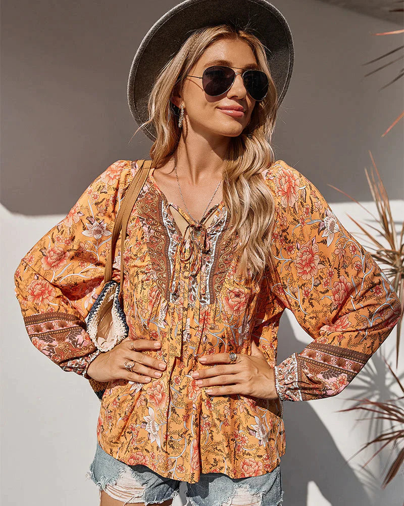 Sana – Boho v-hals blouse met bloemenprint en lange mouwen