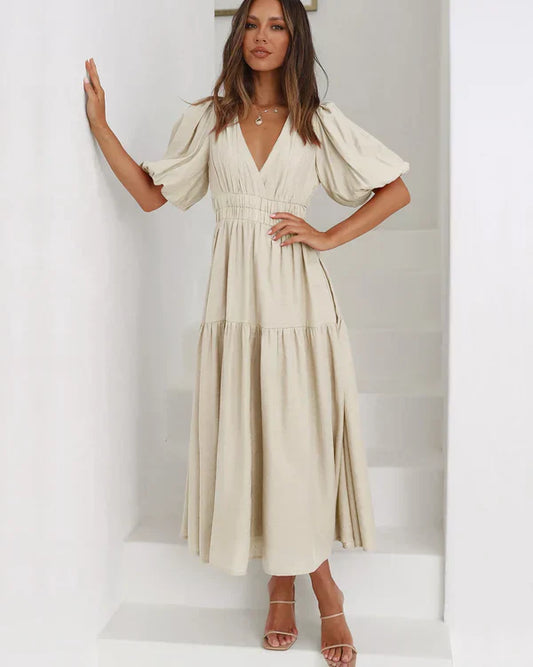 Cleopatra – V-hals maxi jurk met elastische taille