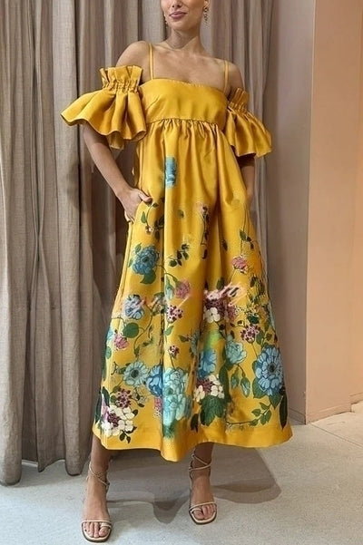 Aurora – midi-jurk met  bloemenprint en pofmouw