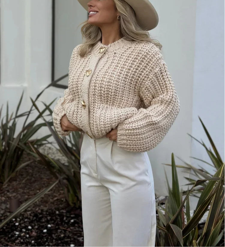 Romy – gebreid cardigan vest met ronde hals en lange mouwen