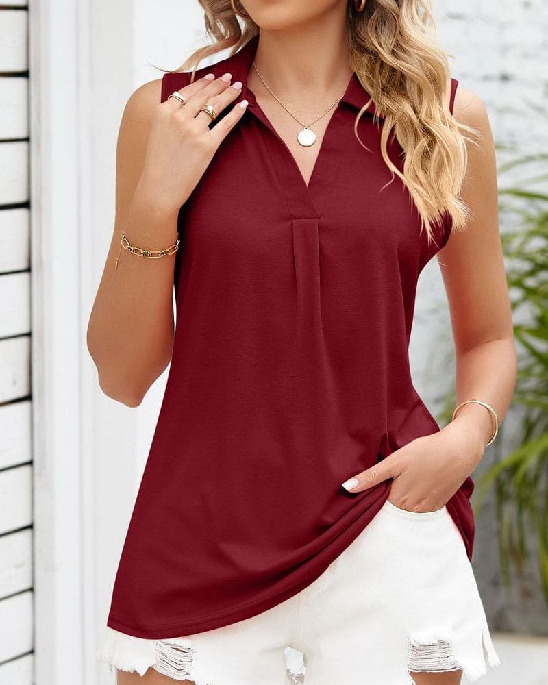 Carrie – mouwloze blouse met ronde hals en elegante kraag