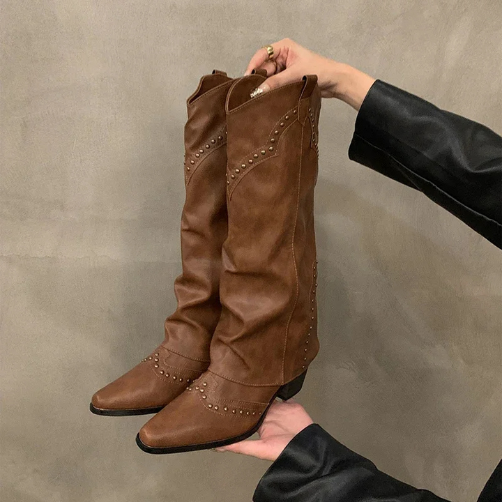August – Leren Cowboy Laarzen Met Kniehoge Schacht