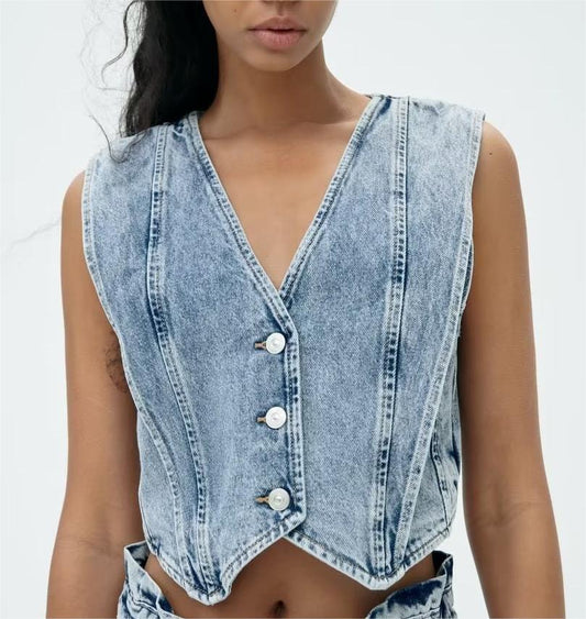 Chiara - Lichtblauw Cropped Denim vest