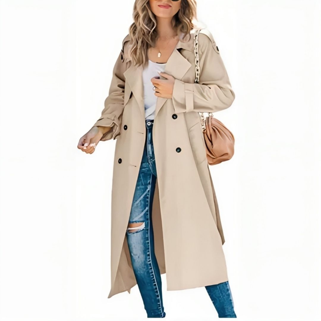 Alicia – lange trenchcoat met dubbele knopen en klassieke snit