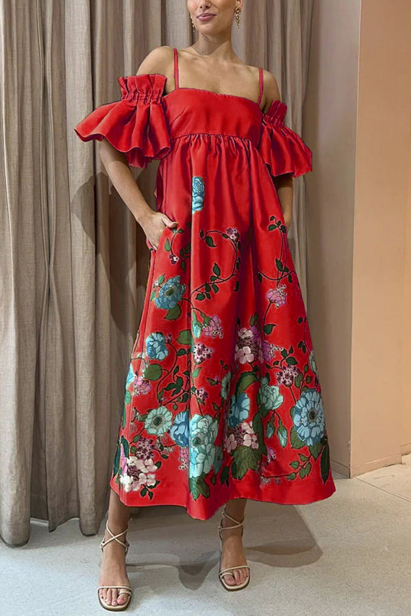 Aurora – midi-jurk met  bloemenprint en pofmouw
