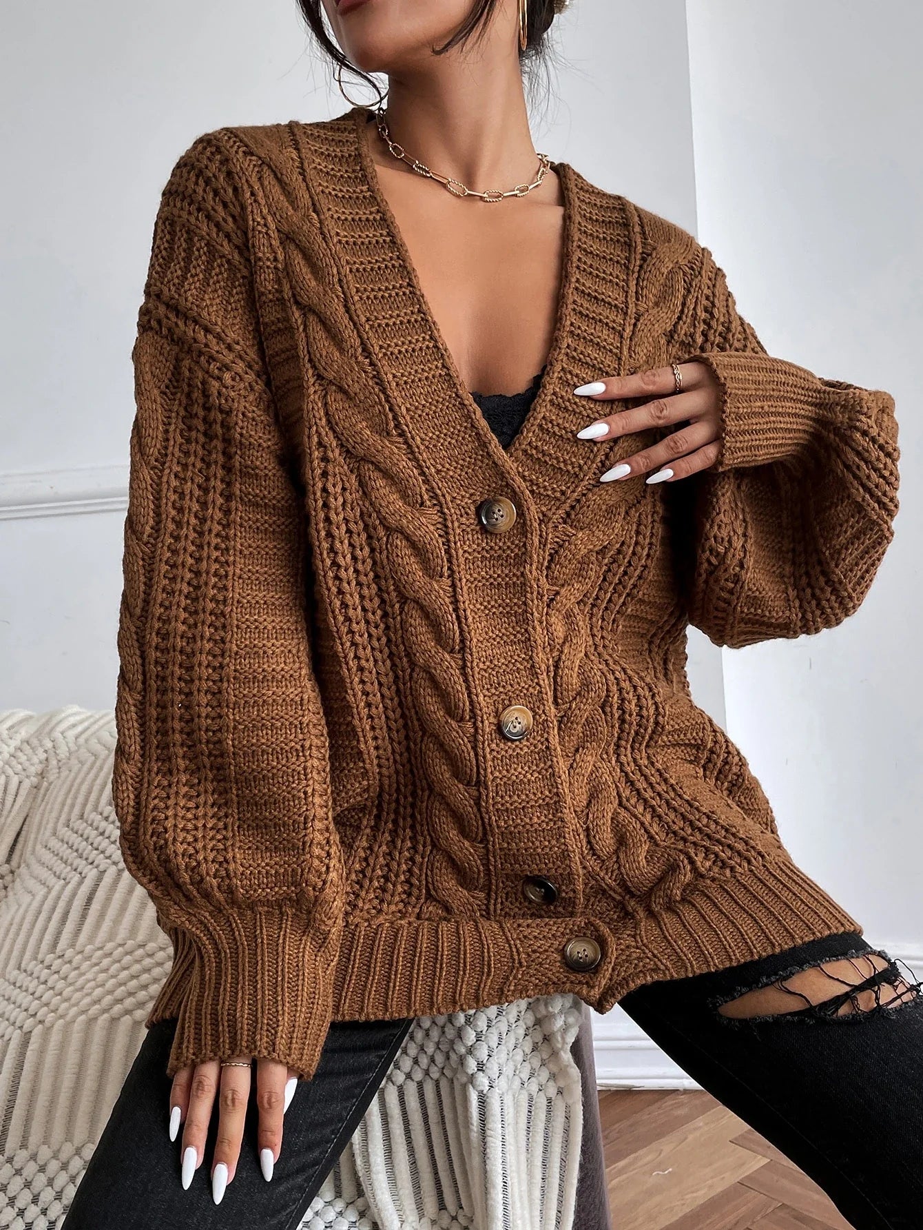 Hearthside – oversized cable knit vest met knopen en verlaagde schouders