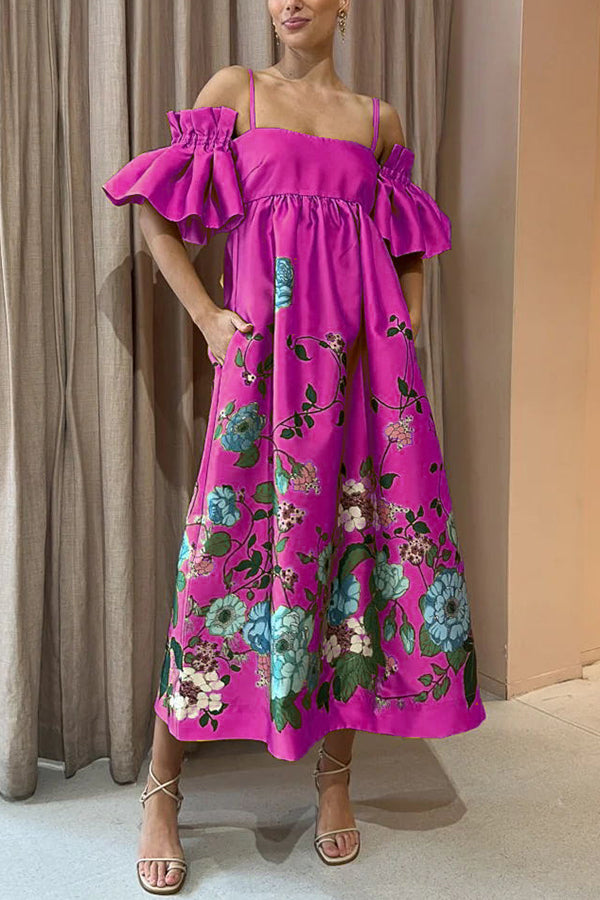 Aurora – midi-jurk met  bloemenprint en pofmouw