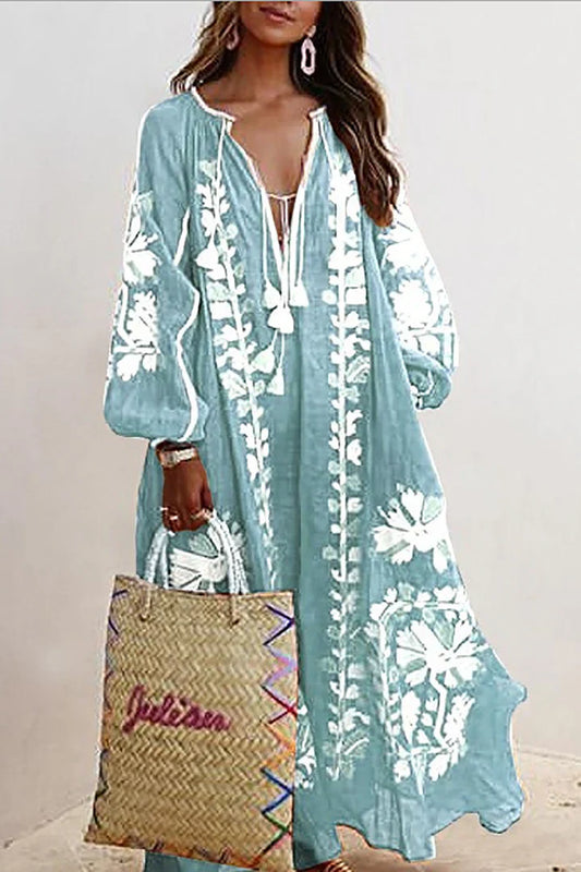 Elena – Oversized Boho Maxi Jurk Met Bloemenprint En V-hals