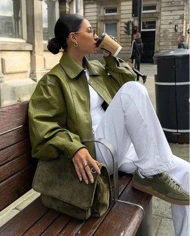 Reese – Oversized PU Leren Jas Met Revers En Ritssluiting