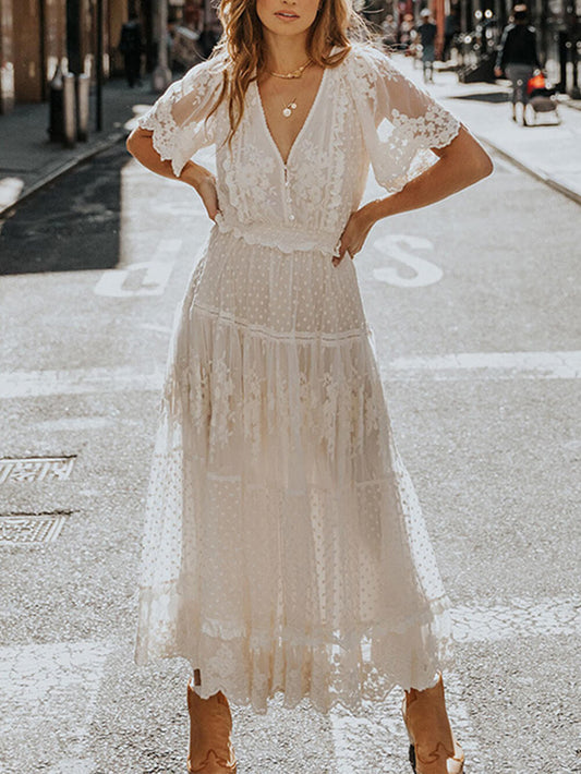 Hannah - Linnen Zomer Maxi Jurk Met Kanten Details En Transparante Mouwen
