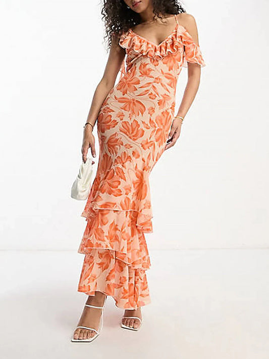 Isabelle – Oranje Maxi-Jurk Met Bloemenprint & Open Rug