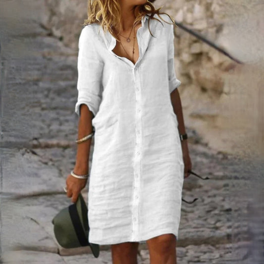 Lena – Katoenen Midi Blouse Jurk Met V-hals