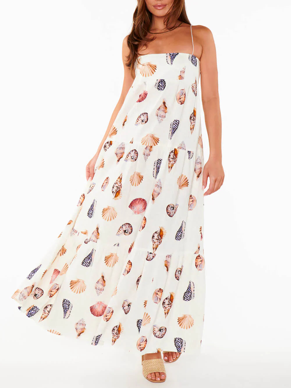Selena – Witte maxi-jurk Met Schelpenprint