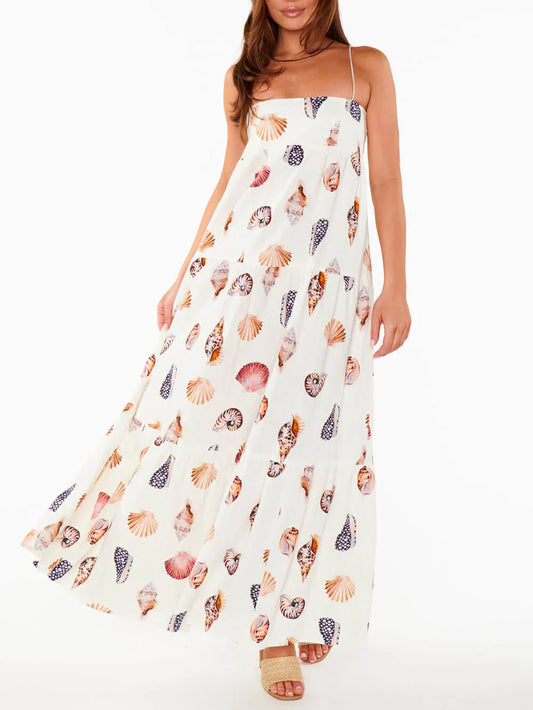 Selena – Witte maxi-jurk Met Schelpenprint