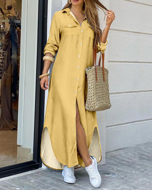 Mila – Maxi effen blouse jurk met elastische taille en borstzakje