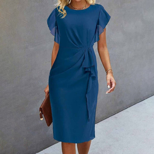 Elena – Blauwe maxi-jurk met botanische print en V-hals