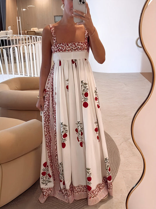 Sophie – Rosa Bloemenprint Maxi Jurk met Vierkante Halslijn