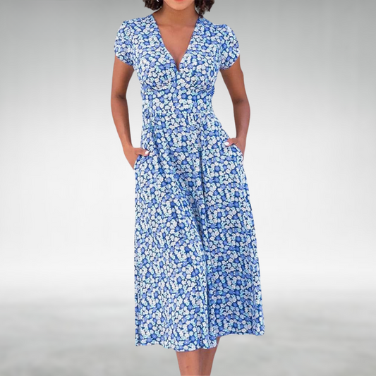 Livia – Getailleerde Midi Bloemenprint jurk Met V-hals