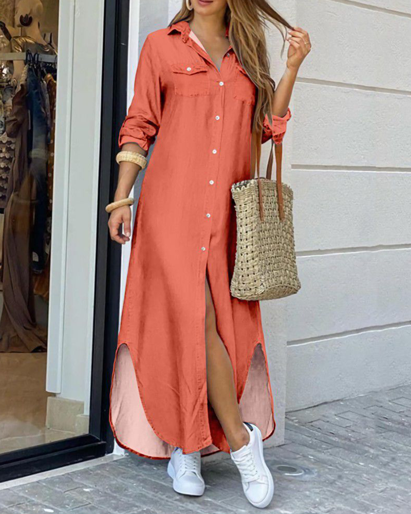 Mila – Maxi effen blouse jurk met elastische taille en borstzakje