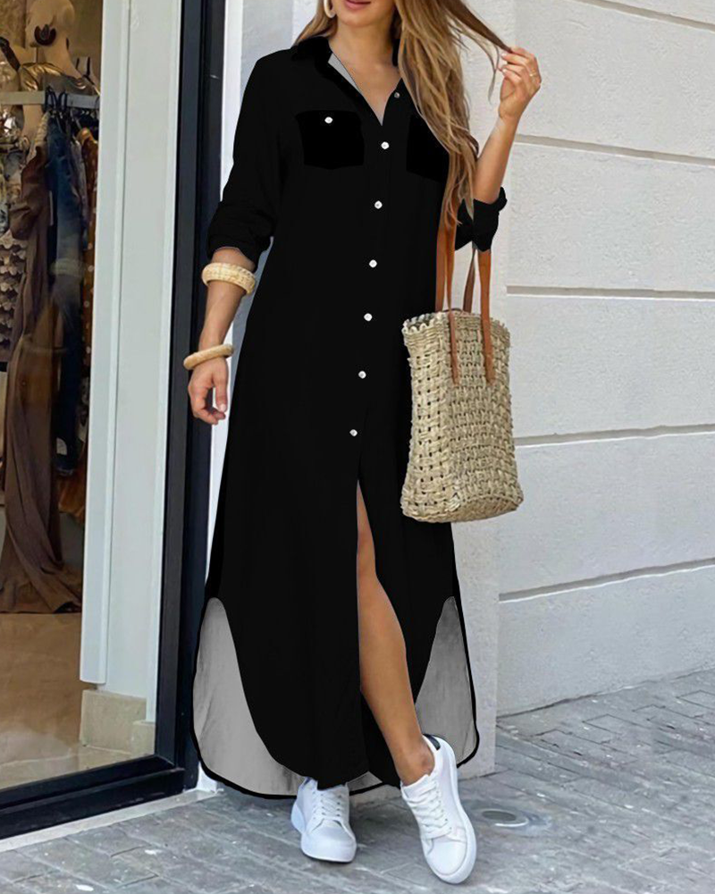Mila – Maxi effen blouse jurk met elastische taille en borstzakje