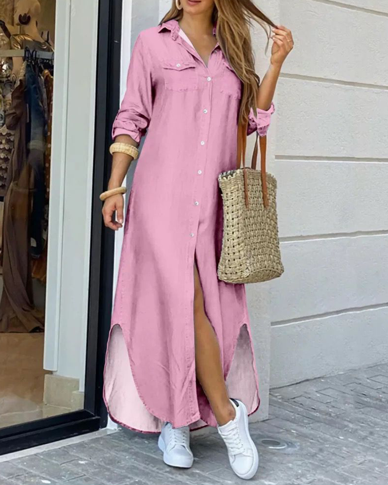 Mila – Maxi effen blouse jurk met elastische taille en borstzakje
