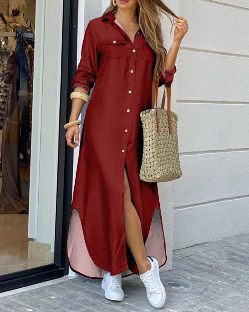 Mila – Maxi effen blouse jurk met elastische taille en borstzakje