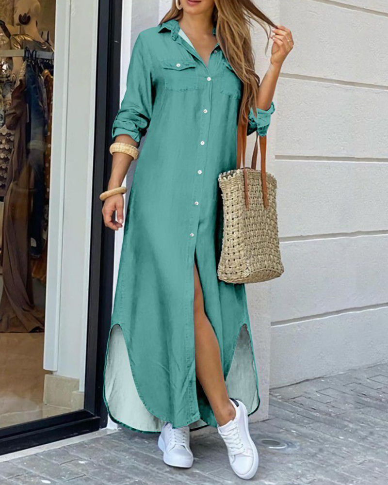 Mila – Maxi effen blouse jurk met elastische taille en borstzakje