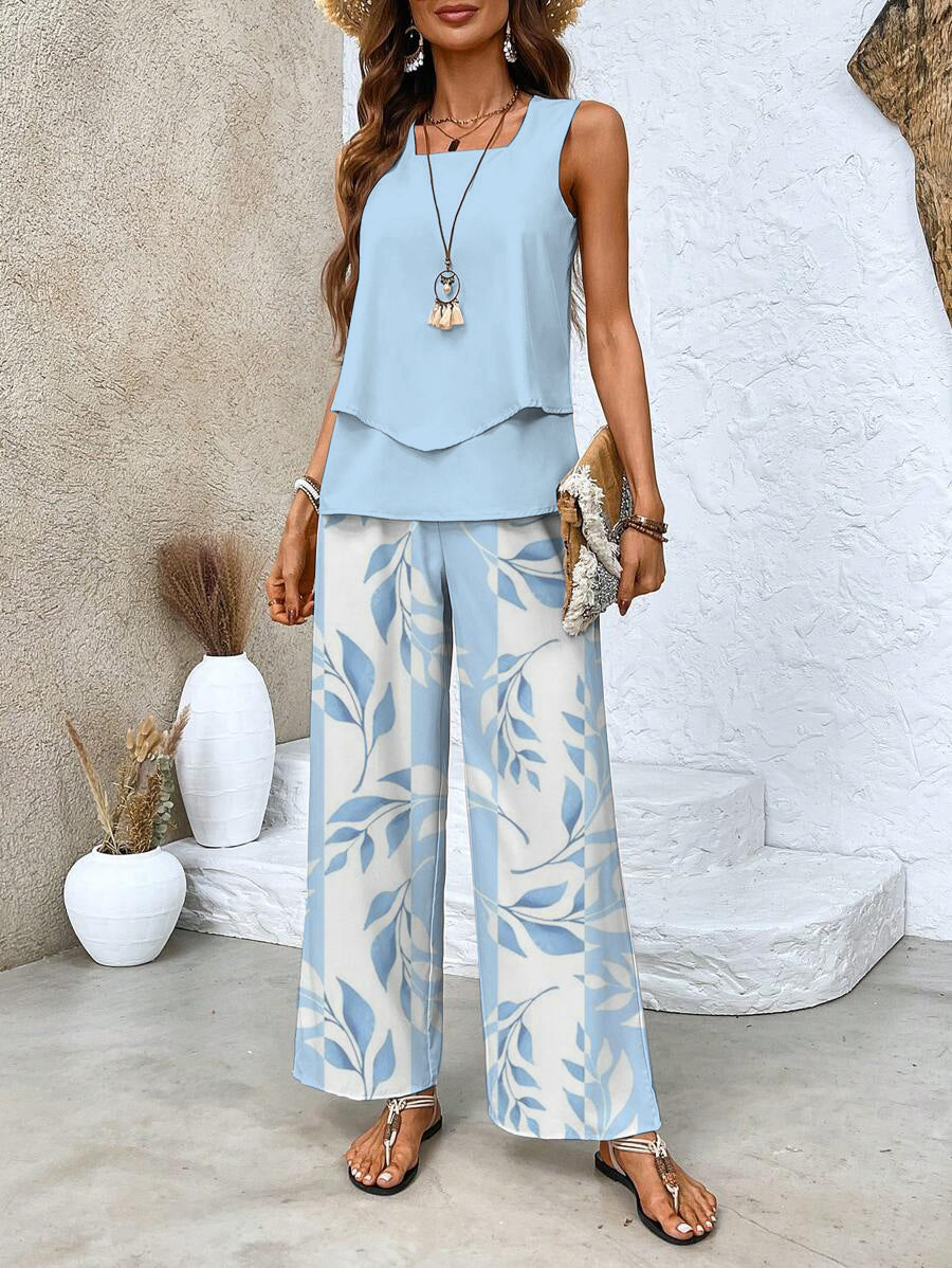 Dames set met ronde hals top en wijde broek met print