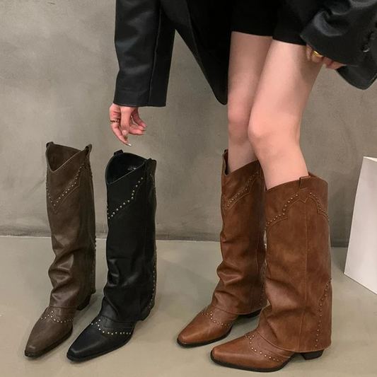 August – Leren Cowboy Laarzen Met Kniehoge Schacht