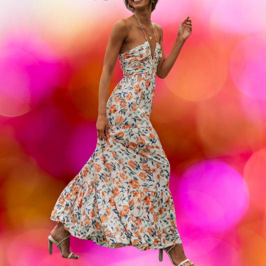 Elionora – Chiffon zomerjurk met V-hals en oranje bloemenprint