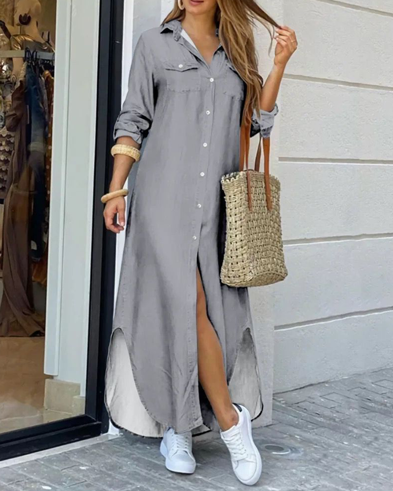 Mila – Maxi effen blouse jurk met elastische taille en borstzakje