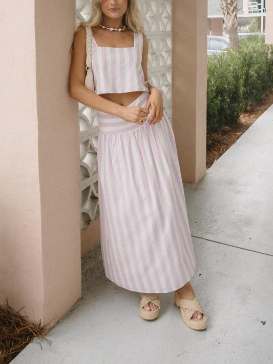 Lauren – Tweedelige zomer set met mouwloze vierkante has top met lange rok