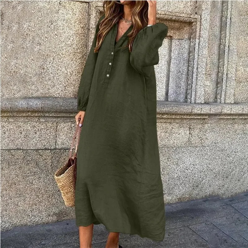 Sofia – Linnen maxi v-hals jurk met elastische taille en losse pasvorm