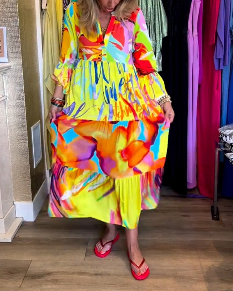 Lotte – Gele jurk met uitlopende mouwen elastische taille en speelse print