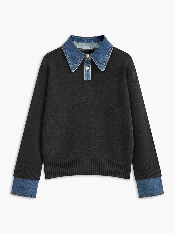 Anouk – gebreide trui met denim kraag en manchetten