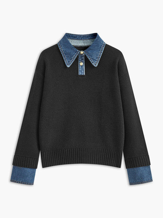 Anouk – gebreide trui met denim kraag en manchetten