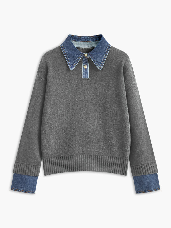 Anouk – gebreide trui met denim kraag en manchetten