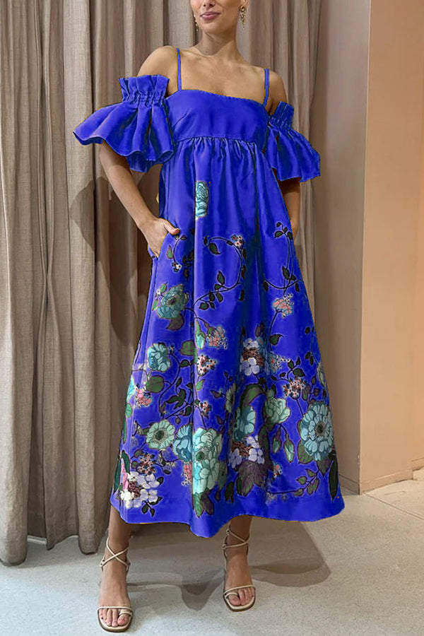 Aurora – midi-jurk met  bloemenprint en pofmouw