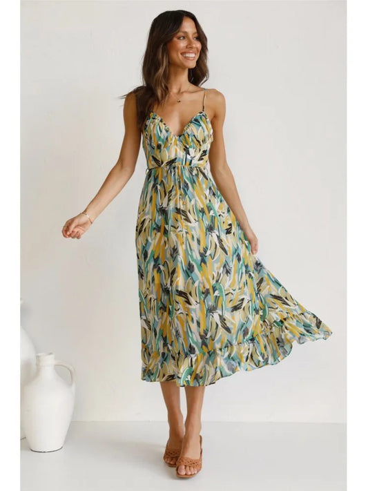 Faelia – Midi-jurk met kleurrijke print en korte mouwen