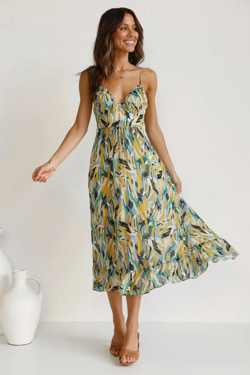 Faelia – Midi-jurk met kleurrijke print en korte mouwen