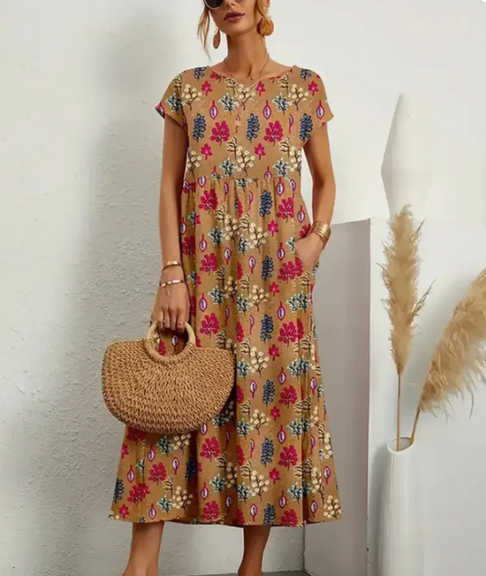 Virginia Bloom – Lichte midi-jurk met kleurrijke bloemenprint en A-lijn rok