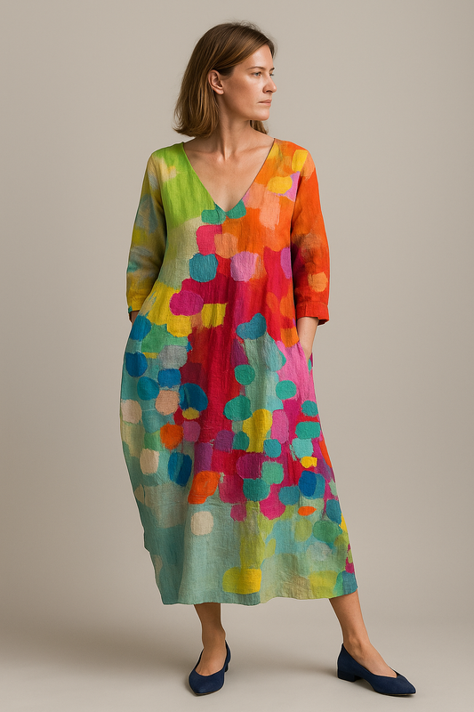 Anastasia – Kleurrijke Maxi Zomerjurk Met V-hals En 3/4 Mouwen
