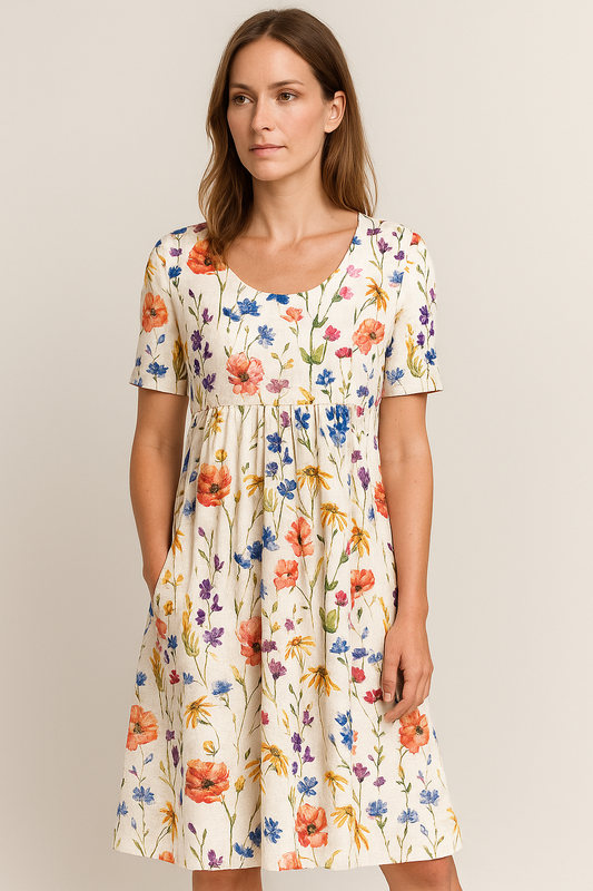 Sanne – Luchtige Midi Zomerjurk Met Bloemenprint En Ronde Hals